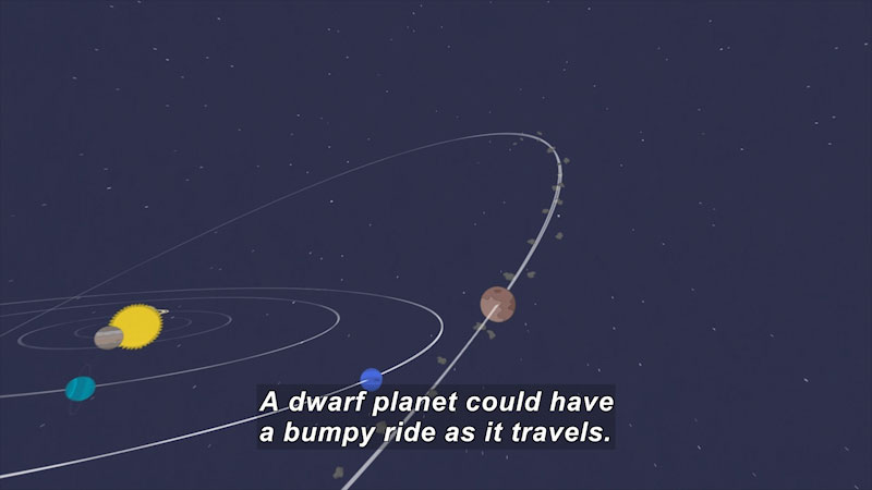 Illustration of a solar system with planets on similar orbits except for one that is travelling on a skewed, debris filled elliptic. Caption: A dwarf planet could have a bumpy ride as it travels.