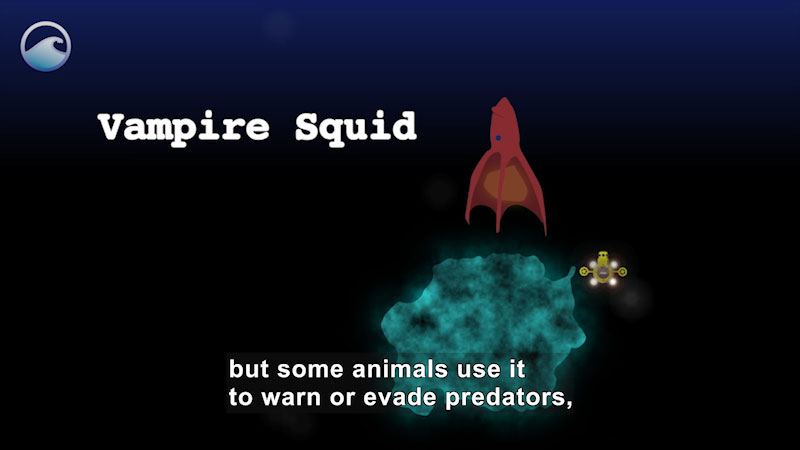Illustration of a squid emitting a glowing cloud while a submarine passes closely. Vampire Squid. Caption: but some animals use it to warn or evade predators,