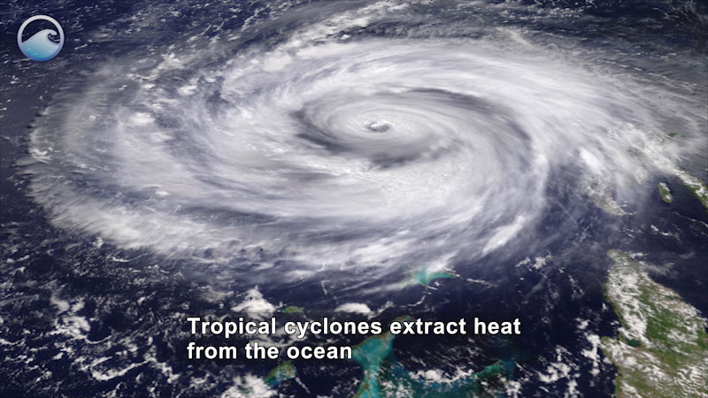 A large spiral shaped storm on Earth's surface as seen from space. Caption: Tropical cyclones extract heat from the ocean