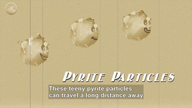 Illustration of three round particles. Pyrite Particles. Caption: These tiny pyrite particles can travel a long distance away