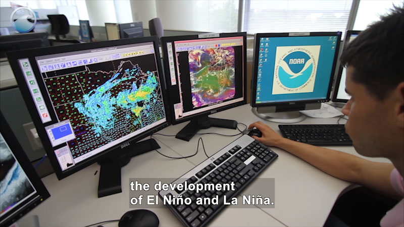 Person at a bank of computer screen showing maps shaded in various colors. Caption: the development of El Niño and La Niña.