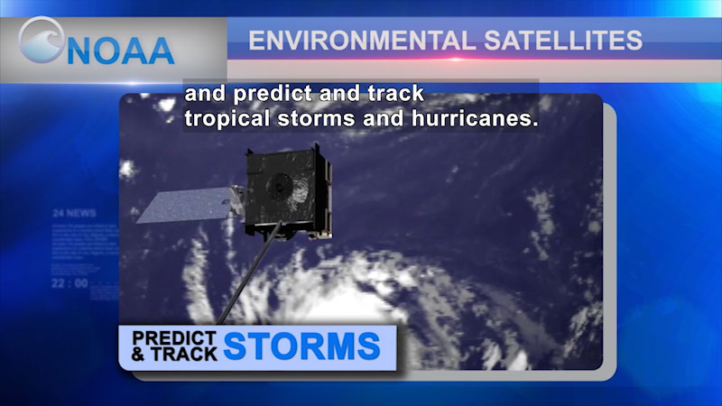 Satellite flying above the ocean with a spiral shaped storm on the water. NOAA Environmental Satellites Predict & Track Storms. Caption: and predict and track tropical storms and hurricanes.