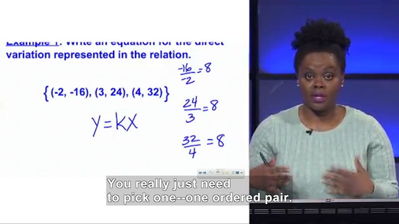 Still image from Welcome to Algebra I: Representing a Direct Variation Algebraically and Graphically
