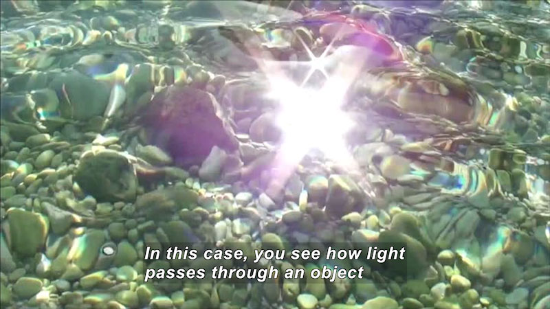 Clear water in a pebbled riverbed. Light reflects off the surface of the water. Caption: In this case, you see how light passes through an object