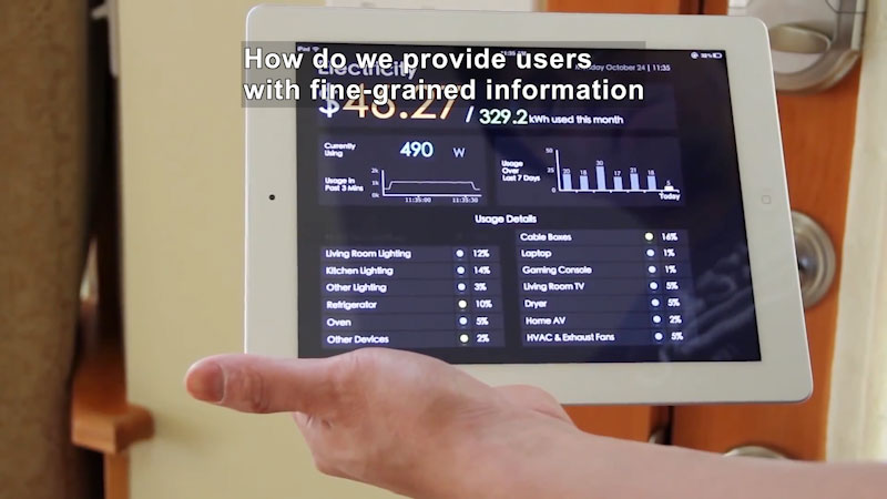 Screen displaying power consumption for individual appliances, over a 7-day period, for the total month, and other metrics. Caption: How do we provide users with fine-grained information