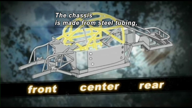Illustration of a car frame. Caption: The chassis is made from steel tubing,