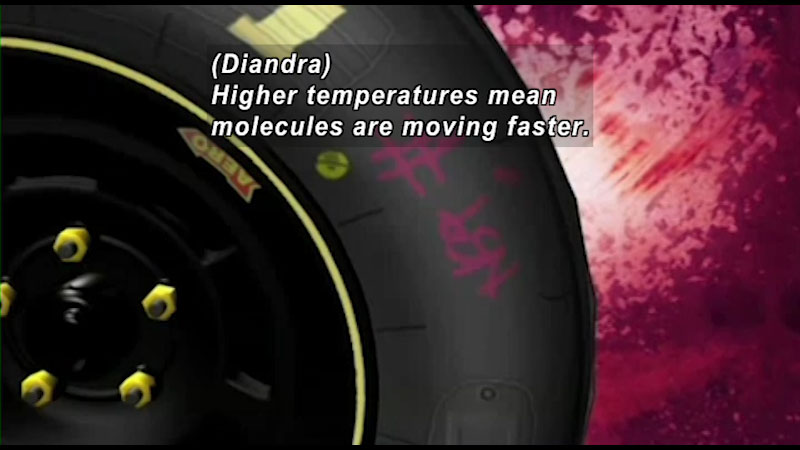 Close up view of a tire. Caption: (Diandra) Higher temperatures mean molecules are moving faster. 
