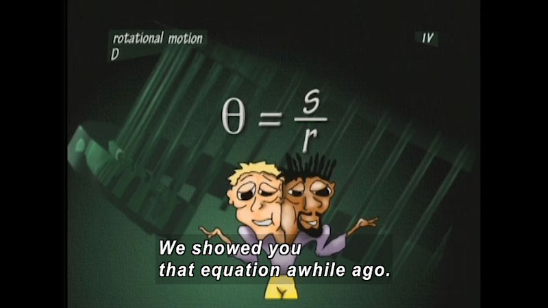 Rotational motion theta equals s over r. Caption: We showed you that equation awhile ago.