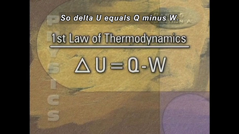 First law of Thermodynamics. Caption: So delta U equals Q minus W.