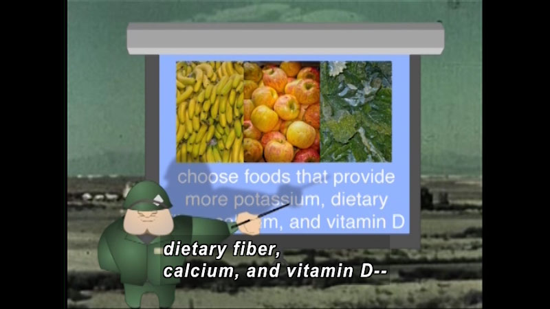 Illustration of a military person pointing to a chart with pictures of bananas, apples, and leafy greens. Caption: Choose foods that provide more potassium, dietary fiber, calcium, and vitamin D--