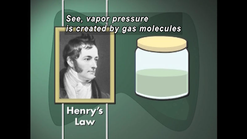 Black and white picture of a man next to an illustration of a closed container half full of liquid. Henry's law. Caption: See, vapor pressure is created by gas molecules