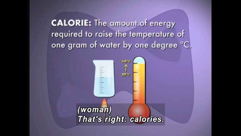 Calorie: The amount of energy required to raise the temperature of one gram of water by one-degree C. Caption: (woman) That's right: calories.
