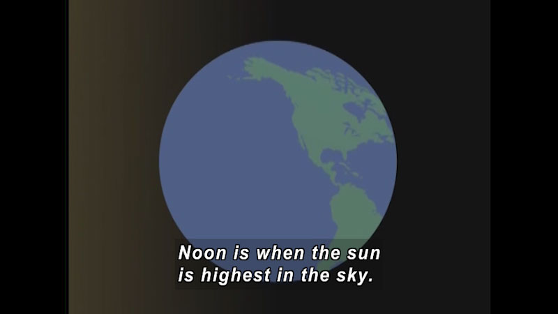 Illustration of the Earth. Caption: Noon is when the sun is highest in the sky.