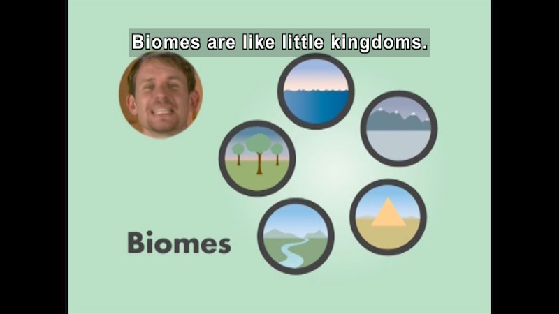 Trees, water, mountains, desert, and plain with river. Caption: Biomes are like little kingdoms.