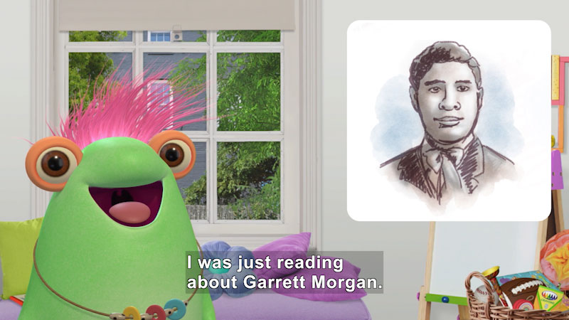 Cartoon character standing next to a drawing of an African American man. Caption: I was just reading about Garrett Morgan.