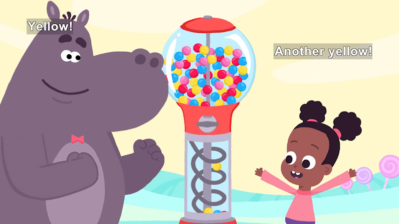 Cartoon of a girl and a second character next to a gumball machine. The machine has a yellow gumball descending the chute. Caption: Yellow! Another yellow!
