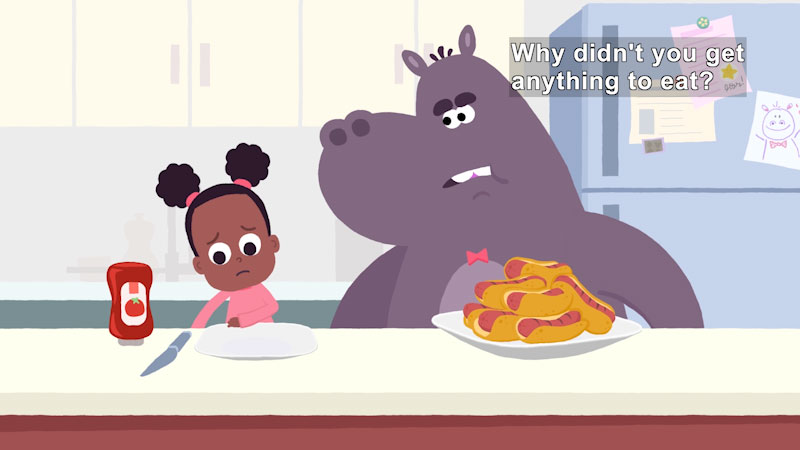 Cartoon of a girl and another cartoon character sitting at a table. The girl has an empty plate and the character has a plate full of hot dogs. Caption: Why didn't you get anything to eat?