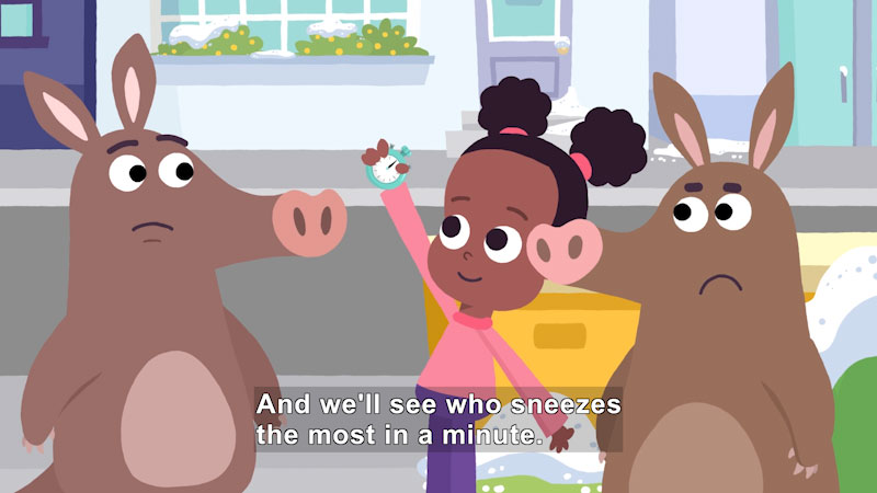 Cartoon of a girl holding a stopwatch between two aardvarks. Caption: And we'll see who sneezes the most in a minute.