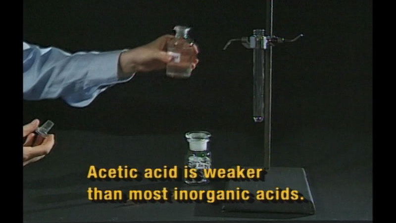 Person holding an open beaker of a clear liquid next to an empty test tube. Caption: Acetic acid is weaker than most inorganic acids.