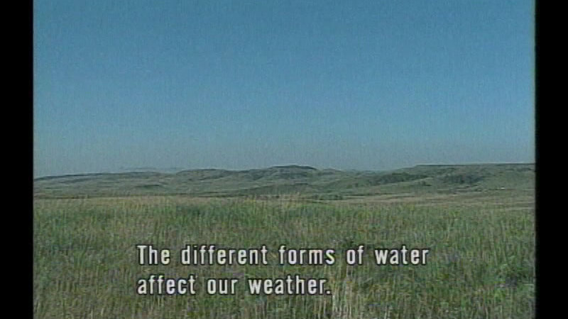 Grassy plain with foothills in the distance. Caption: The different forms of water affect our weather.