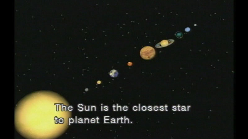 Illustration of the Sun and planets in our solar system. Caption: The Sun is the closest star to planet Earth.