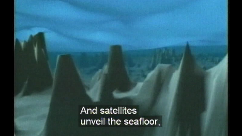 Graphic of peaks and valleys below the surface of the water. Caption: And satellites unveil the seafloor,