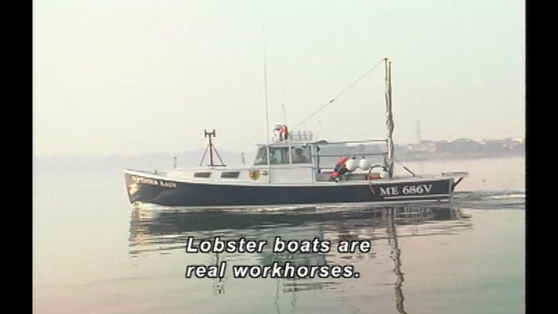 Boat in the water. Caption: Lobster boats are real workhorses.