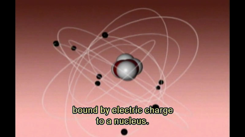 Atoms orbiting around a nucleus. Caption: bound by electric charge to a nucleus. 