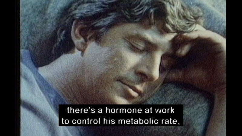 Person sleeping. Caption: there's a hormone at work to control his metabolic rate,