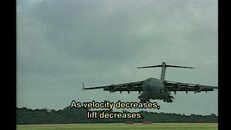 Modern airplane about to land. Caption: As velocity decreases, lift decreases.