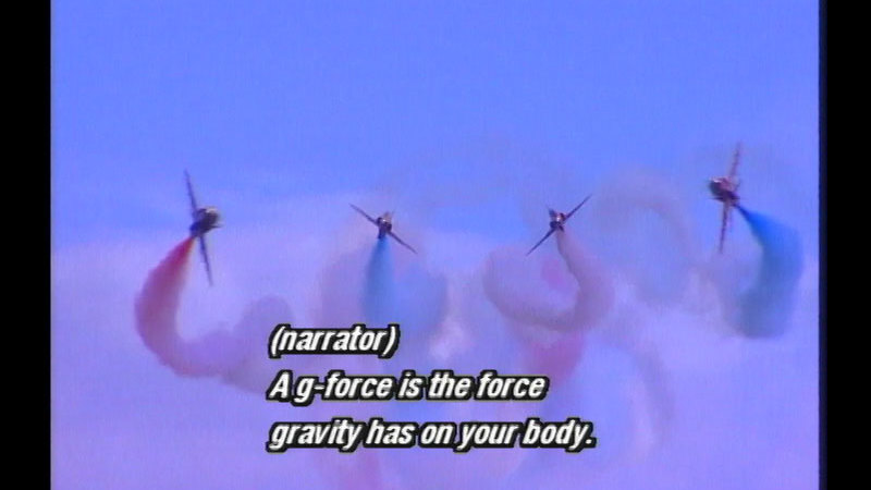 Four jets trailing colored exhaust engaging in trick maneuvers. Caption: (narrator) A g-force is the force gravity has on your body.