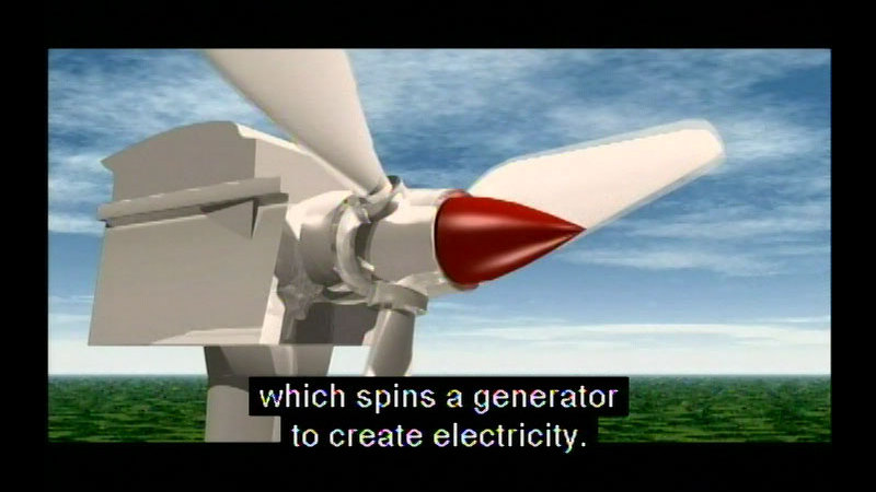 Illustration of a windmill. Caption: which spins a generator to create electricity.