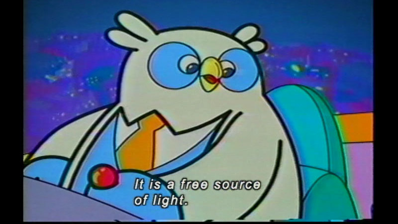 Cartoon owl at the controls of a vehicle. Caption: It is a free source of light.