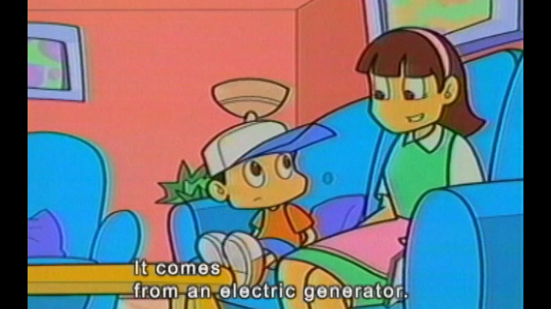 Cartoon of two characters sitting on a couch. Caption: It comes from an electric generator.