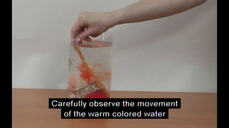 Clear container full of water with red object dissolving in it. Caption: Carefully observe the movement of the warm colored water