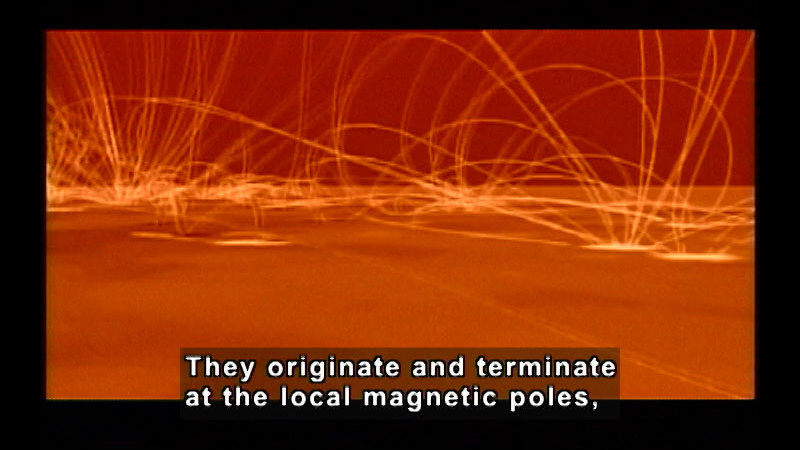 Flat surface with arching lines of light emanating from localized points. Caption: They originate and terminate at the local magnetic poles,