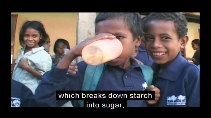 Three children. One drinking out of a cup. Caption: which breaks down starch into sugar,