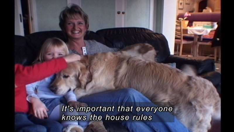 A smiling woman and two children seated on a couch with a golden retriever up on the woman's lap. Caption: It's important that everyone knows the house rules