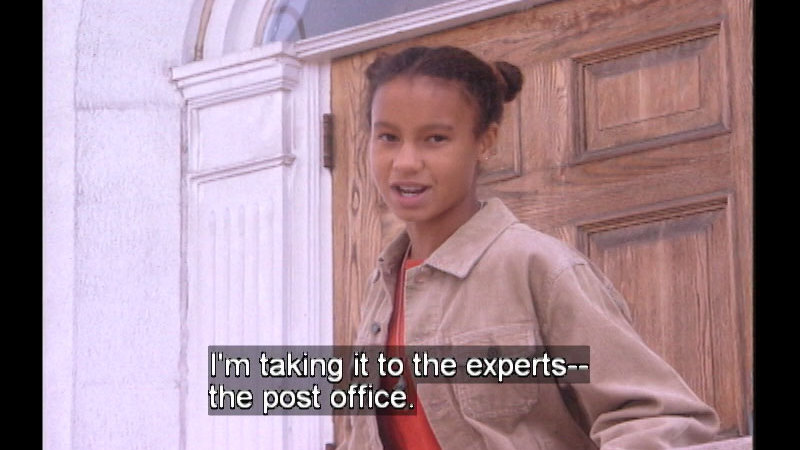 Young girl walking out of a door. Caption: I'm taking it to the experts-- the post office. 