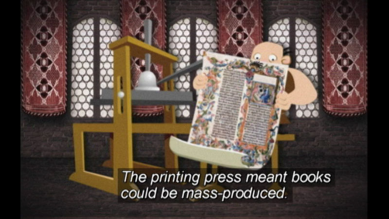 Illustrated man reading large poster. Caption: The printing press meant books could be mass-produced.