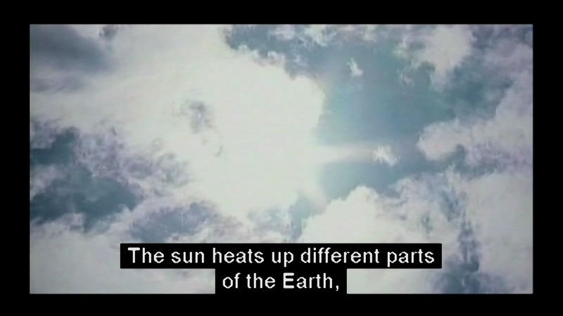 Partially cloudy sky with the sun shining through clouds. Caption: The sun heats up different parts of the Earth,