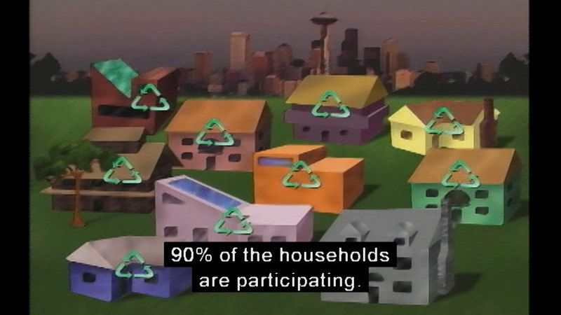 Illustration of 10 buildings with 9 of the buildings having a recycling symbol on them. Caption: 90% of the households are participating.