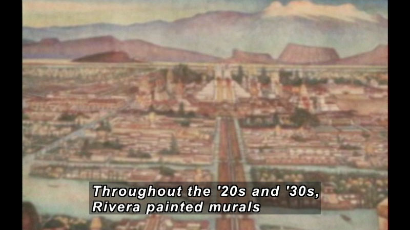 Painting of a densely populated city with waterways running between sections of the city. Caption: Throughout the '20s and '30s, Rivera painted murals
