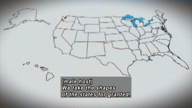 Map of the United States of America with state lines. Caption: (male host) We take the shapes of the states for granted.