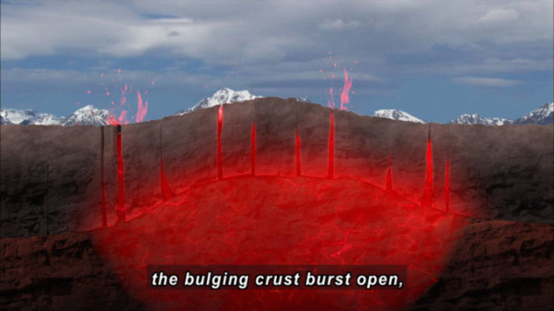 Cross section of earth showing a bulge of magma sending streaks of magma up through cracks in Earth's crust to the surface where they exit as lava. Caption: the bulging crust bust open,