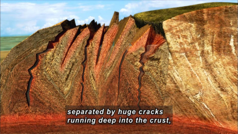 Cross section of earth showing deep fissures. Caption: separated by huge cracks running deep into the crust,