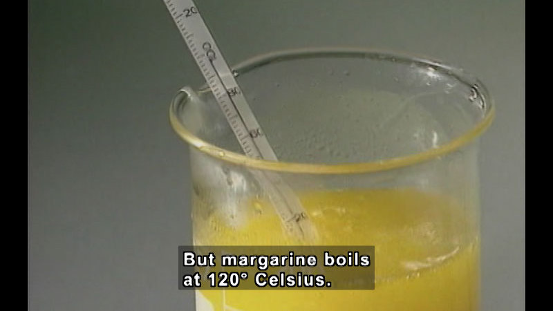 Thermometer in a beaker of boiling yellow fluid. Caption: But margarine boils at 120 degrees Celsius.