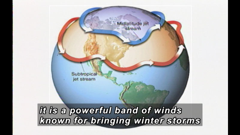 Illustration of Earth. Midlatitude jet stream (cool) at the top of the globe and Subtropical jet stream (warm) close to the equator. Both move clockwise. Caption: it is a powerful band of winds known for bringing winter storms