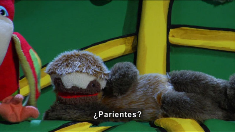 Sloth puppet laying on its side. Spanish captions.