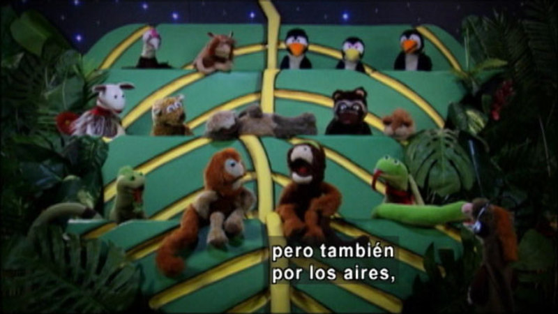 One puppet tells a story while a group listens to him. Spanish captions.